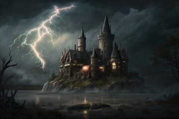 Large, gloomy, and lit up by lightning castle. Generative AI