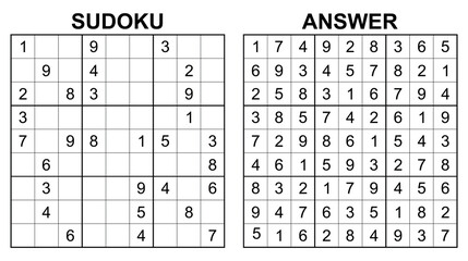 Vector sudoku with answer 18. Educational game with numbers for kids and leisure for adult on white background.