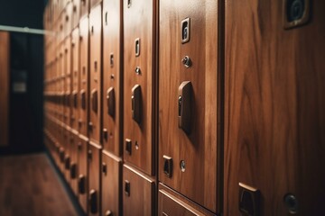Wooden lockers with key in locker room at school sport club office. Generative AI