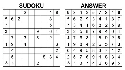 Vector sudoku with answer 19. Educational game with numbers for kids and leisure for adult on white background.
