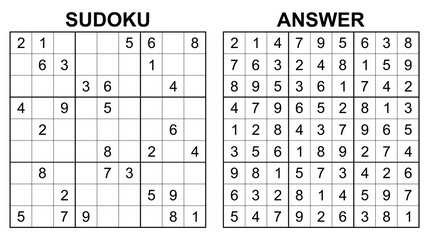 Vector sudoku with answer 21. Educational game with numbers for kids and leisure for adult on white background.