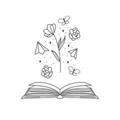 Magic book vector logo design. Open book with flowers, stars, butterfly and paper airplane logotype. Book store logo template.