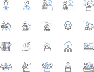 Consulting business outline icons collection. Consulting, Business, Services, Advice, Strategy, Solutions, Solutions vector and illustration concept set. Advice, Analytics, Coaching linear signs