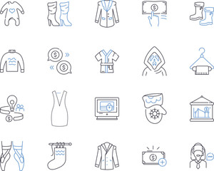 Fashion production outline icons collection. Clothing, Manufacture, Outfit, Design, Runway, Apparel, Cutting vector and illustration concept set. Styling, Textiles, Garment linear signs