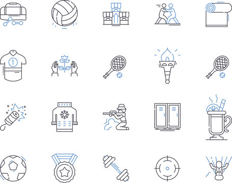 Hobbies and sport outline icons collection. Sports, Hobbies, Fishing, Swimming, Reading, Scrapbooking, Gaming vector and illustration concept set. Cooking, Gardening, Running linear signs