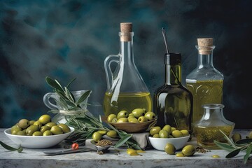 selection of green olives together with glass oil bottles. Generative AI