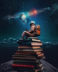 Astronaut Sitting on a Stack of Books on a Mountain © Future Inc.