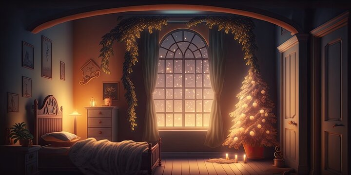 Christmas and New Year decorated interior room. Holiday decorated room with bed on window sill. Festive Xmas night with lights on tree with presents. Magic night with gifts. Generative AI