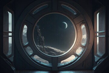 Fototapeta na wymiar Dark spaceship interior with a big window that looks out into space. Generative AI