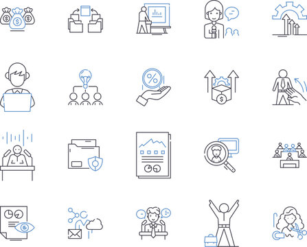 Employee productivity outline icons collection. Employee, productivity, efficiency, output, performance, advancement, promotion vector and illustration concept set. motivation, satisfaction