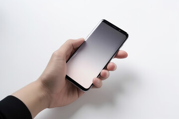 Top down view of a hand holding a modern smartphone on a white high key background, with copyspace. High quality generative AI