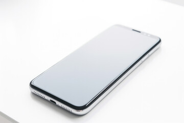 Top down view of a modern smartphone on a white high key background, with copyspace. High quality generative AI