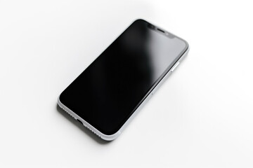 Top down view of a modern smartphone on a white high key background, with copyspace. High quality generative AI