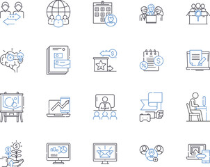 Workshop and conference outline icons collection. workshop, conference, training, development, learning, education, skills vector and illustration concept set. knowledge, networking, collaboration