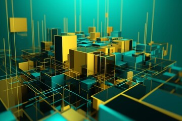 Turquoise and Yellow Tech Background with a Geometric 3D Structure. Clean, Minimal design with Simple Futuristic Forms. 3D Render. Generative AI