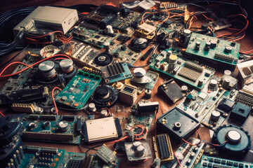 Various electronic components arranged on a table, top down view. High quality generative ai