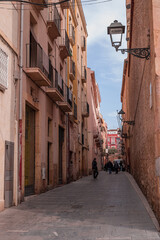 Narrow streets with shops and cafes old town Tarragona Costa Dorada Catalonia Spain