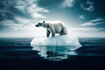 Fototapeta na wymiar Polar bear floating on a small piece of ice, with icebergs in background. Global warming concept. High quality generative ai