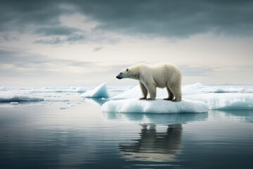 Naklejka na ściany i meble Polar bear floating on a small piece of ice, with icebergs in background. Global warming concept. High quality generative ai