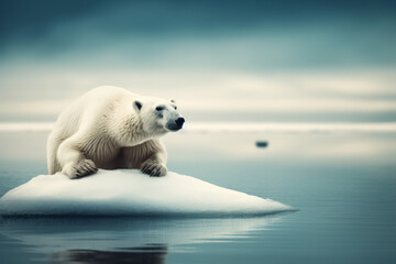 Obraz na płótnie Canvas Polar bear floating on a small piece of ice, with icebergs in background. Global warming concept. High quality generative ai