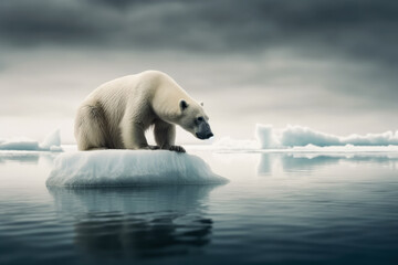 Obraz na płótnie Canvas Polar bear floating on a small piece of ice, with icebergs in background. Global warming concept. High quality generative ai
