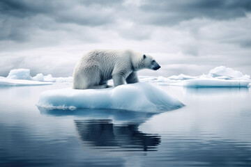 Plakat Polar bear floating on a small piece of ice, with icebergs in background. Global warming concept. High quality generative ai
