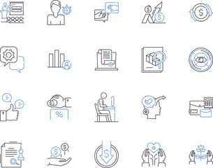 FinTech outline icons collection. Fintech, Payments, Banking, Security, Blockchain, Mobile, AI vector and illustration concept set. BigData, PersonalFinance, Cybersecurity linear signs