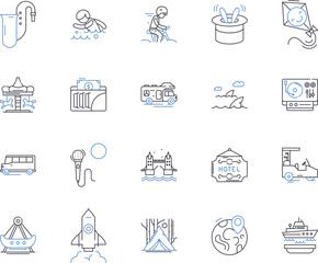 Travel and entertainment outline icons collection. Tourism, Vacation, Leisure, Cruise, Adventure, Sightseeing, Amusement vector and illustration concept set. Entertainment, Exploration, Airfare linear