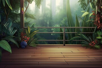 a tropical garden on a wooden deck. Generative AI