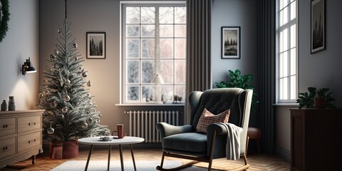 Simple Christmas living room with armchair and small Christmas tree. Generative AI