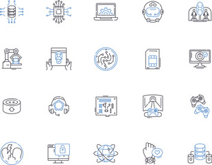 Hardware outline icons collection. Hardware, components, peripherals, processors, GPUs, motherboards, RAM vector and illustration concept set. power-supplies, video-cards, network-cards linear signs