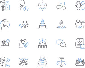 Management department outline icons collection. Managing, Session, Training, Workshop, Business, Leadership, Strategies vector and illustration concept set. Planning, Coaching, Facilitation linear