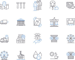 City and shops outline icons collection. City, Shops, Shopping, Marketplace, Outlets, Malls, Storefronts vector and illustration concept set. Boutiques, Retail, Metropolis linear signs - obrazy, fototapety, plakaty