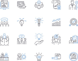 Fototapeta premium Strategy planning outline icons collection. Planning, Strategy, Developing, Branding, Forecasting, Organizing, Executing vector and illustration concept set. Setting, Outlining, Proposing linear signs