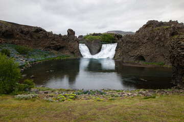 Hjálparfoss Waterfall in Iceland in Spring