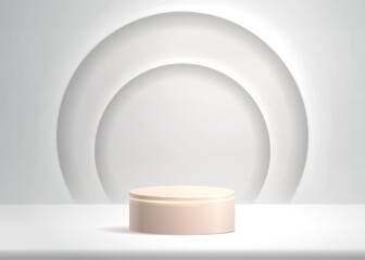 Fototapeta premium Podium display for cosmetic background. Studio stage with shadow of background and circles on wall. Realistic vector illustration of gold pedestal on white background
