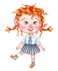 Watercolor illustration of a little joyful redhead girl. Child in school uniform. Back to school. Design for greeting card, banner, flyer, cover, poster and print on other product. isolated on white