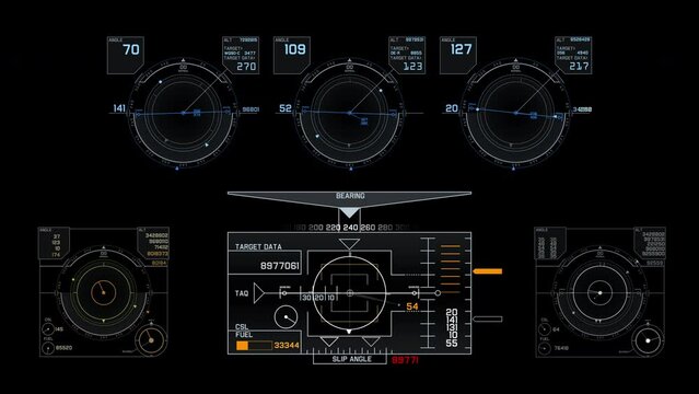 A set of 6 aviation HUD dial and gauge elements showing tech data. The elements come with an alpha channel for transparency and are 4k 24p.