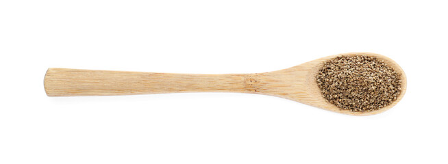 Spoon of celery seeds isolated on white, top view