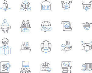 Factory production outline icons collection. Manufacture, Factory, Production, Fabricate, Assemble, Create, Process vector and illustration concept set. Generate, Construct, Output linear signs