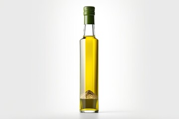 Fototapeta premium clear glass bottle of high-quality organic olive oil on a plain white background. Generative AI
