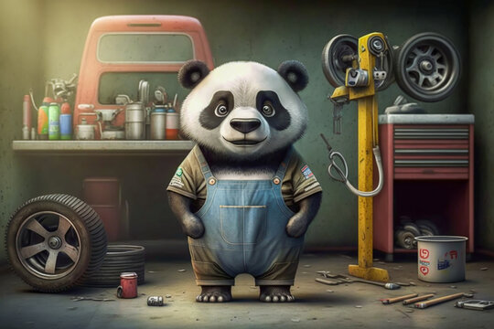 Cartoon Panda wearing overalls curiously looking at viewer in the garage. Male Koala automotive technician, repair vehicle concept. Fictional model and place. Made with Generative AI