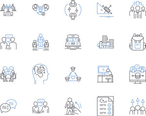 Traching and learning outline icons collection. Teaching, Learning, Education, Instruction, Curriculum, Assessment, Methodology vector and illustration concept set. Academic, Knowledge, skill linear