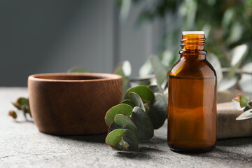 Bottle of eucalyptus essential oil, bowl and plant branches on light grey table, space for text