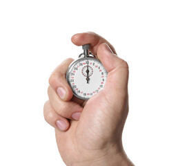 Man holding vintage timer on white background, closeup