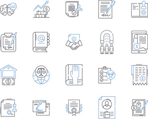 Legal business outline icons collection. Law, Business, Legal, Corporate, Contract, Litigation, Agreement vector and illustration concept set. Compliance, Regulations, Statutes linear signs