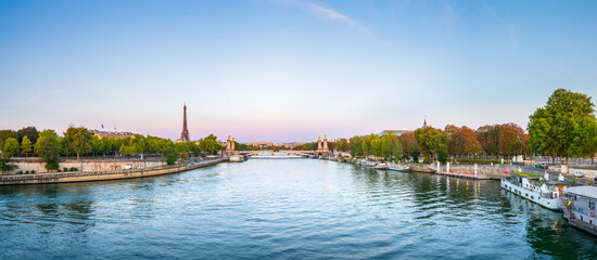 Pont Alexandre III bridge on seine river with Eiffel Tower in Paris. France