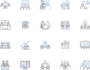 Meeting outline icons collection. Conclave, Conference, Forum, Gathering, Dialogue, Symposium, Rendezvous vector and illustration concept set. Assemblage, Caucus, Colloquy linear signs