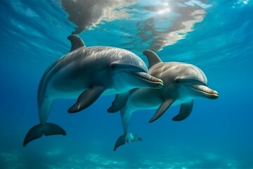 Obraz na płótnie Canvas Beautiful dolphins swimming in a clear blue water, generative ai