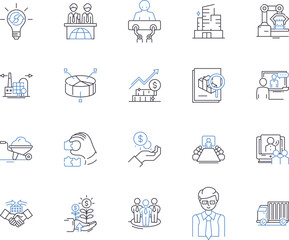 Fototapeta premium Production workflow outline icons collection. Manufacture, Process, Logistics, Assembly, Management, Planning, Optimization vector and illustration concept set. QC, Control, Automation linear signs